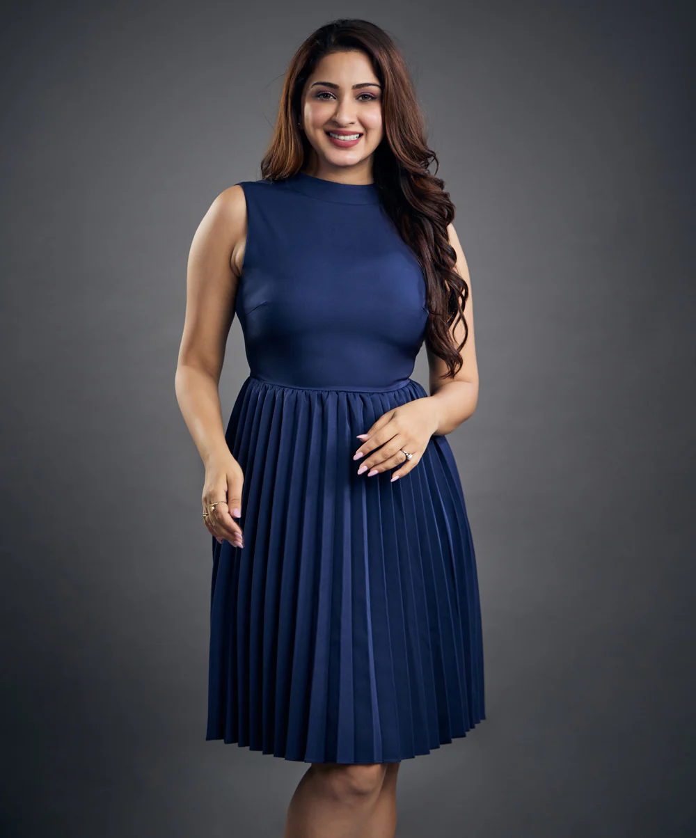 Sleeveless High Neck Pleated Blue Dress