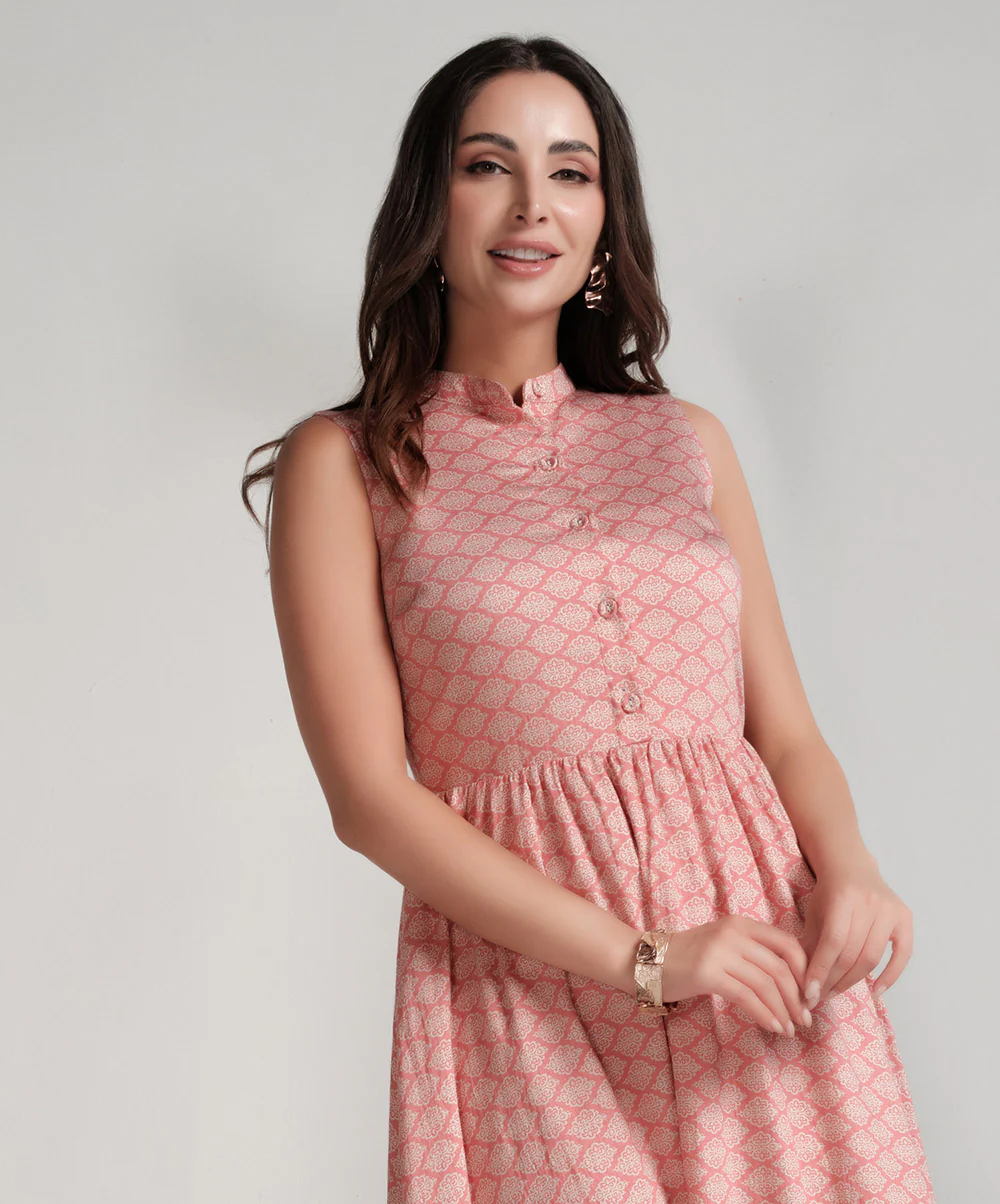 Sleeveless Printed Waist Gathered Pink Dress - Image 4