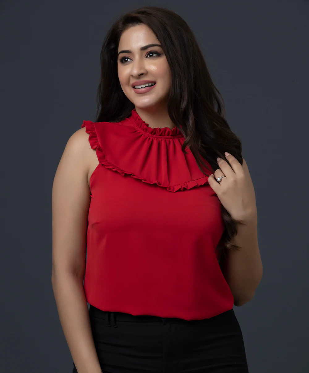 Sleeveless Small Frilled Red Top