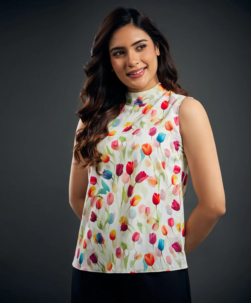 Sleeveless Tulip Printed Chiffon Top - Image 2
