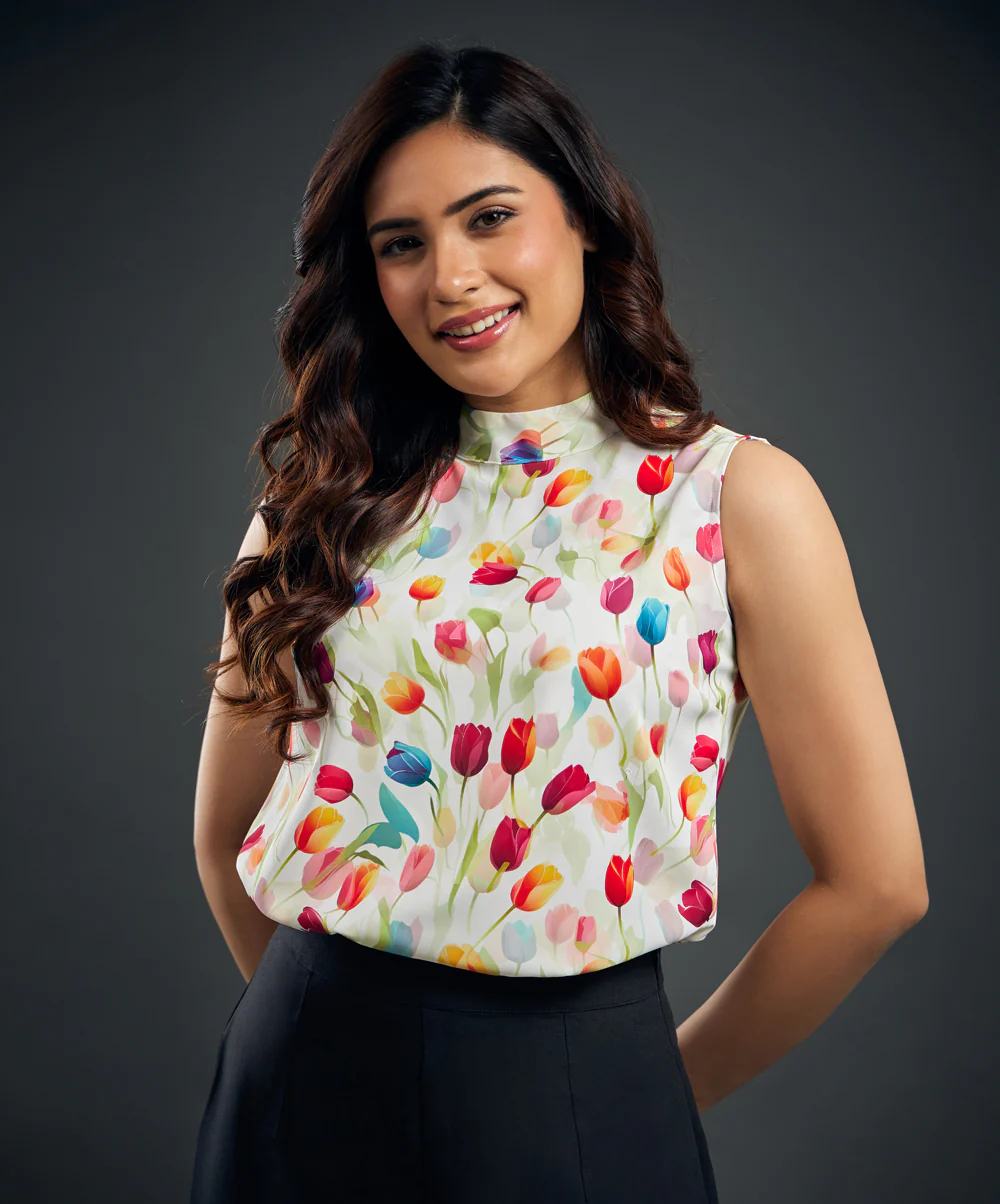 Sleeveless Tulip Printed Chiffon Top - Image 3