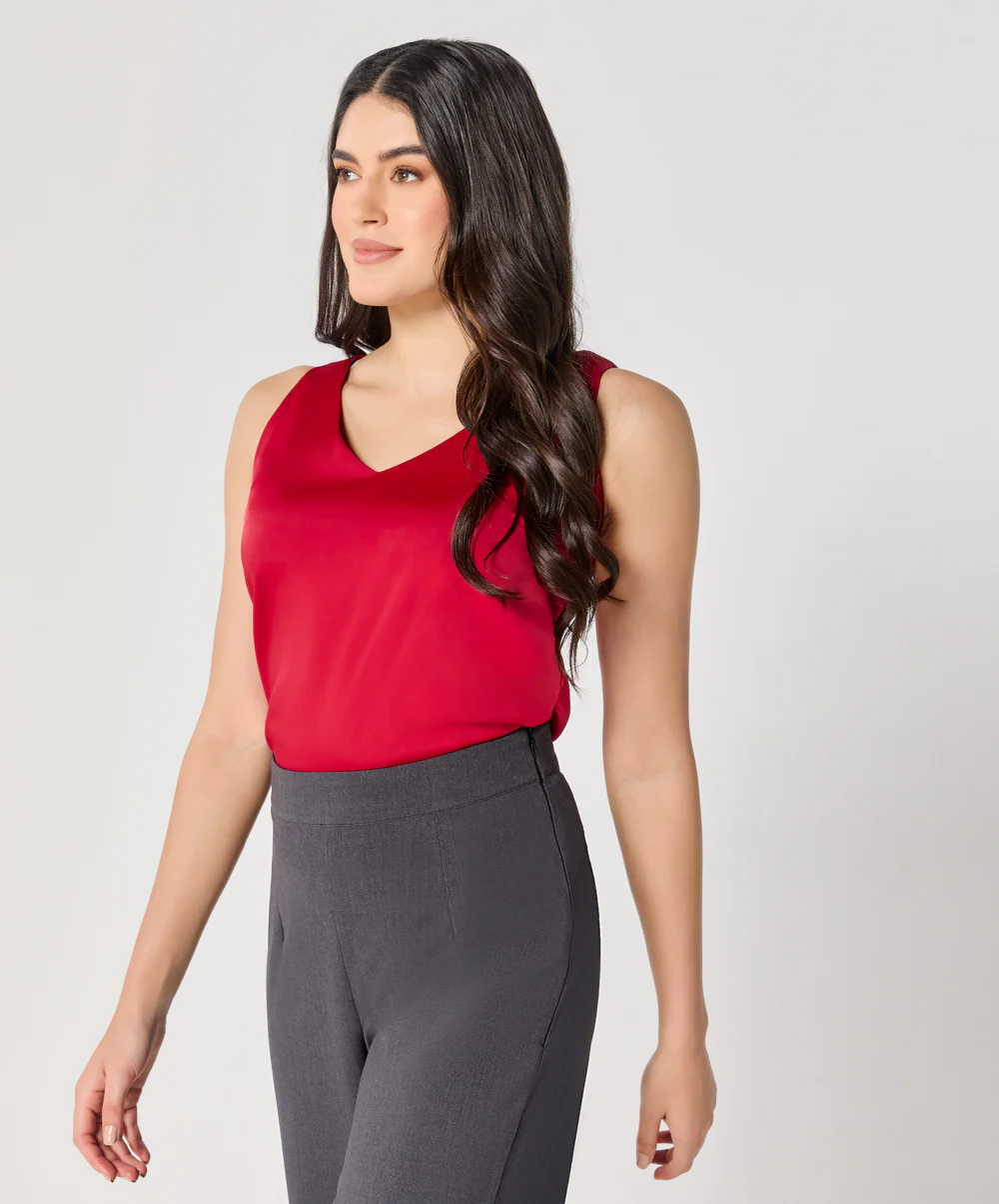 Sleeveless Vneck Satin Top-Dark Pink - Image 4