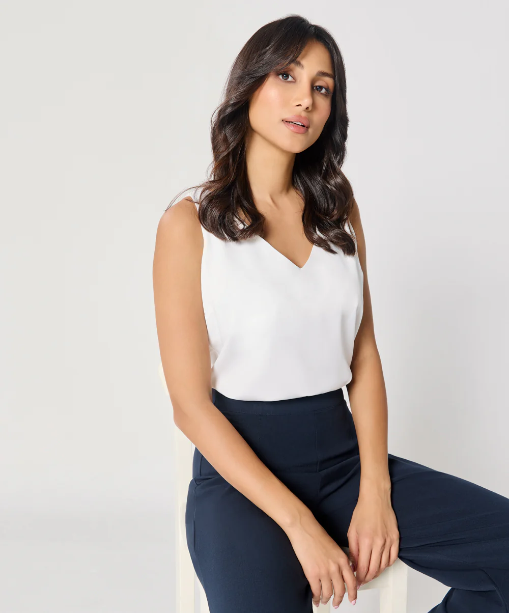 Sleeveless Vneck Satin Top-White - Image 4