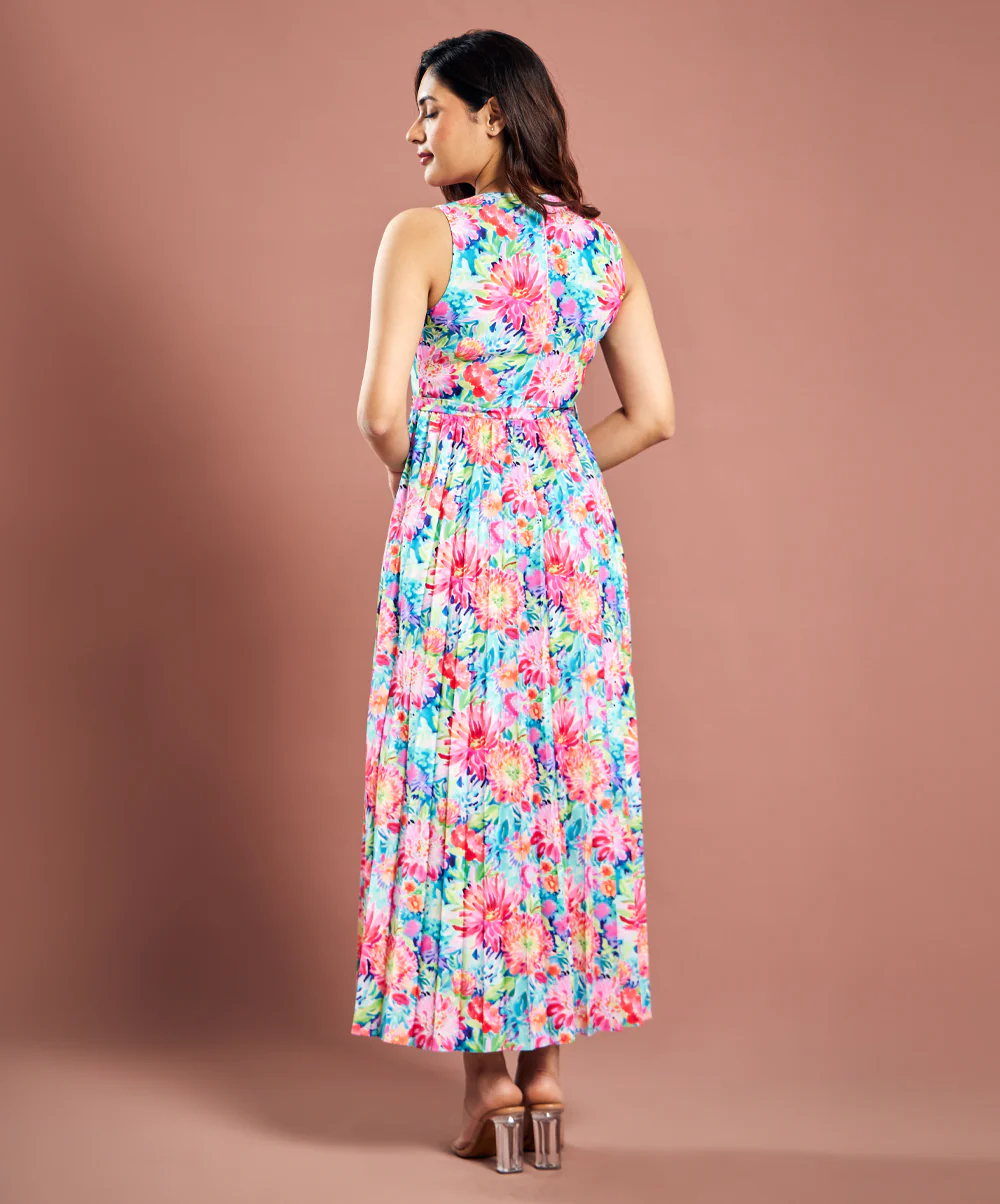 Sleevless Pleated Printed Dress - Image 2