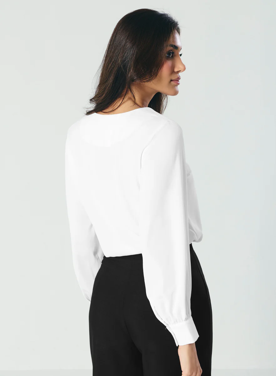 Slender V Neck Off White Chiffon Top - Image 3