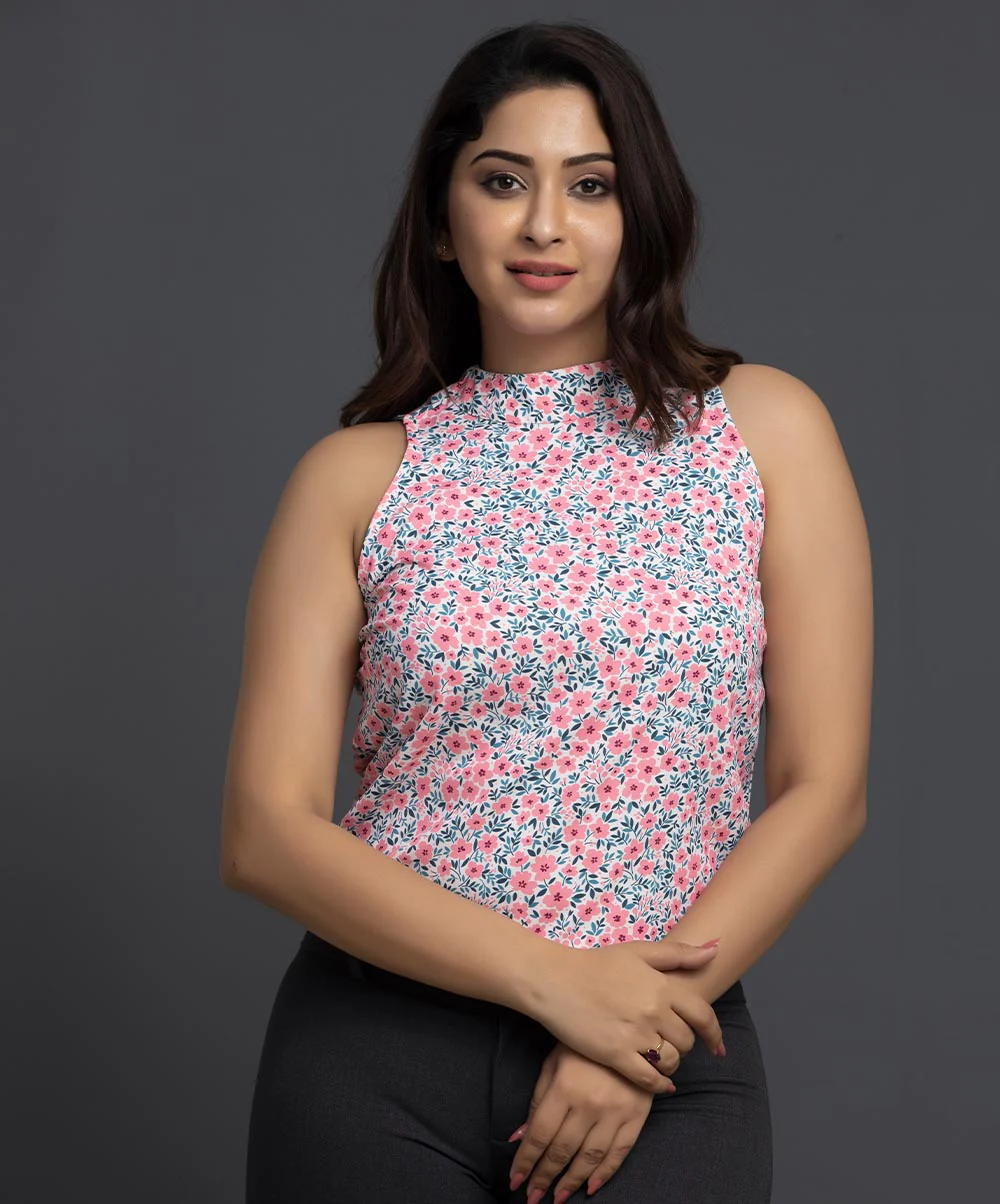 Soft Pink Printed Sleeveless Chiffon Top
