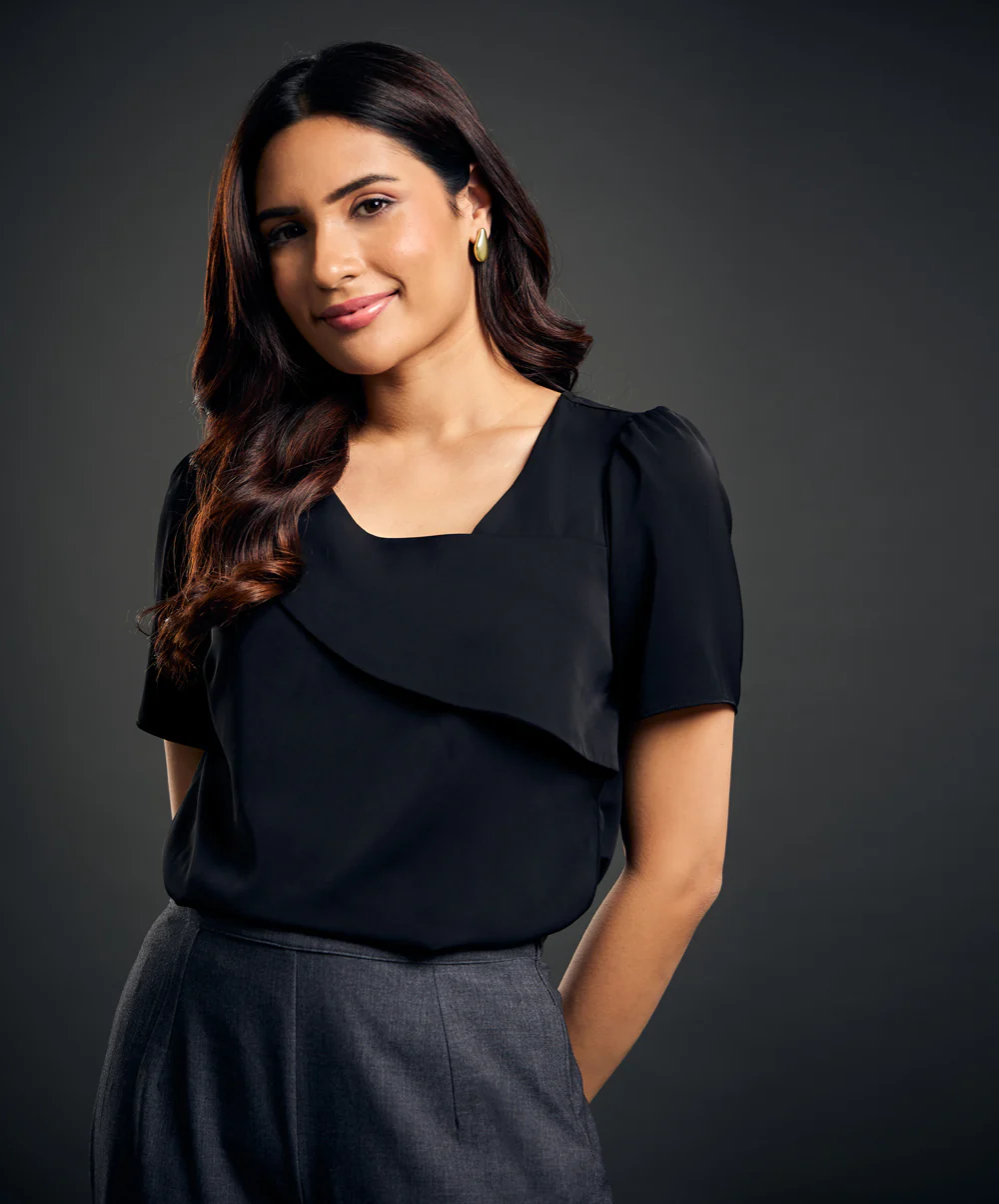 Solid Asymmetrical Neck Puff Sleeve Blouse - Image 2