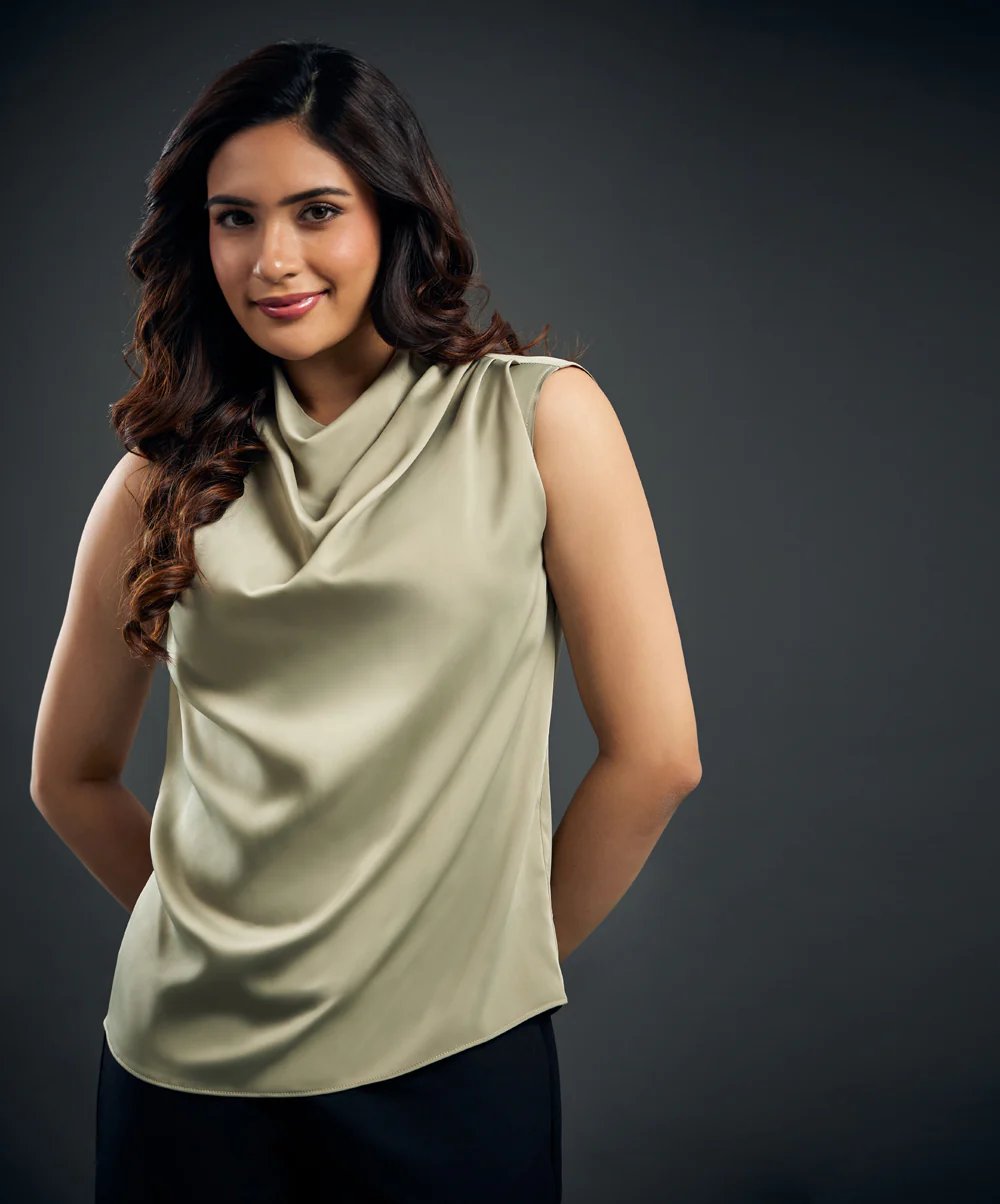 Solid Color Pleated Sleeveless Satin Top - Image 5