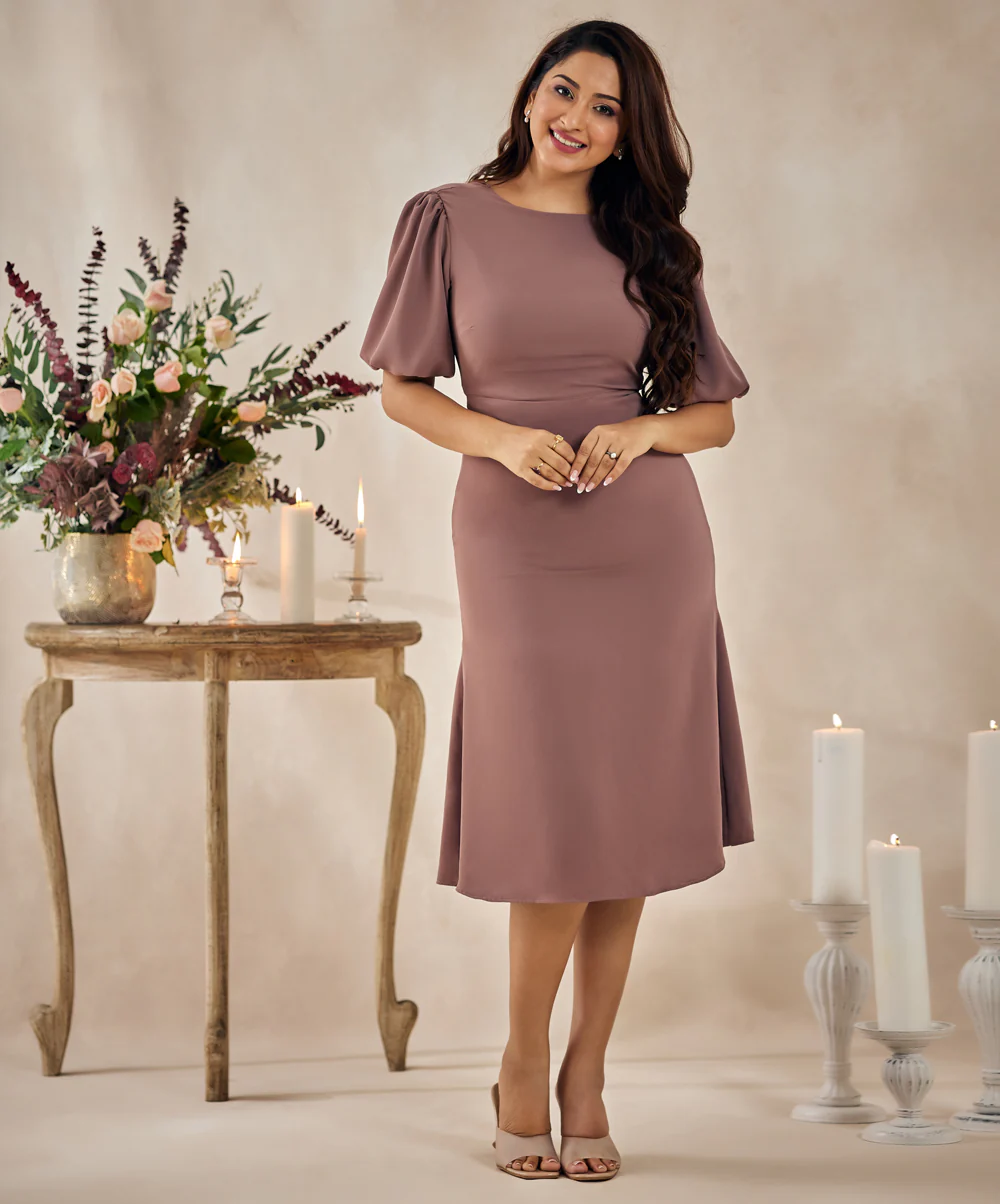 Solid Elegant Puffed Sleeve Brown Dress - Image 2