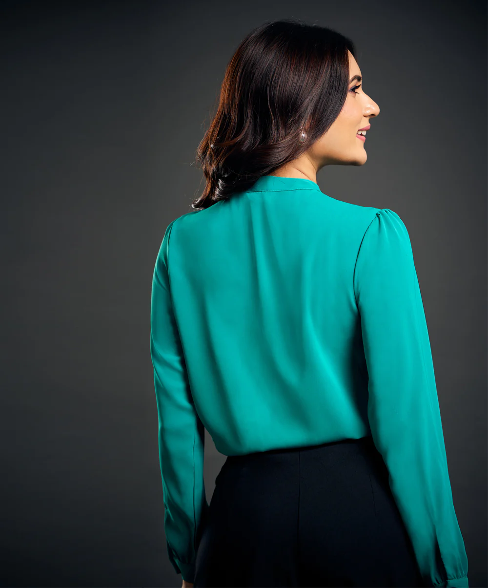 Solid Tie Neck Blouse-Green - Image 5