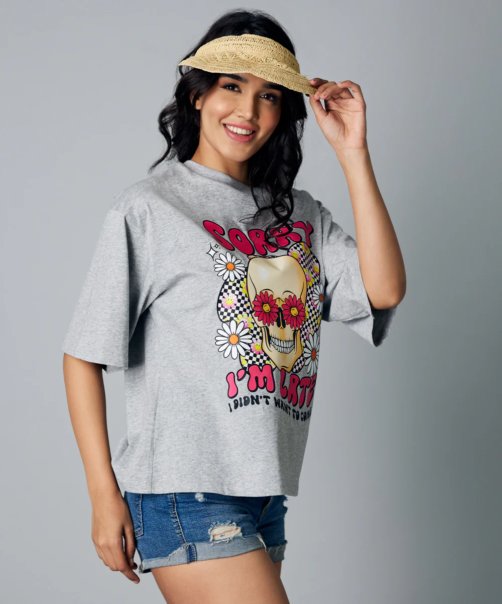 Sorry I'm Late Oversize Gray Tshirt - Image 3