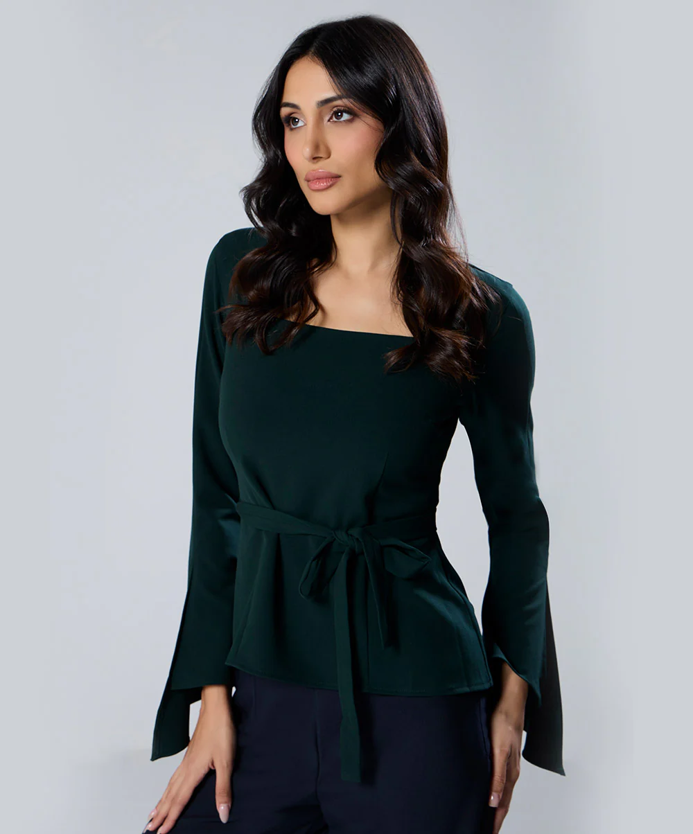 Split Sleeve Square Neck Peplum Green Top - Image 2