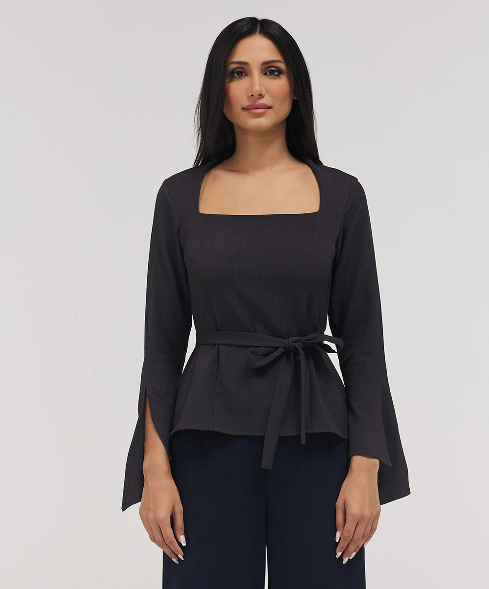 Split Sleeve Square Neck Top -Grey - Image 2