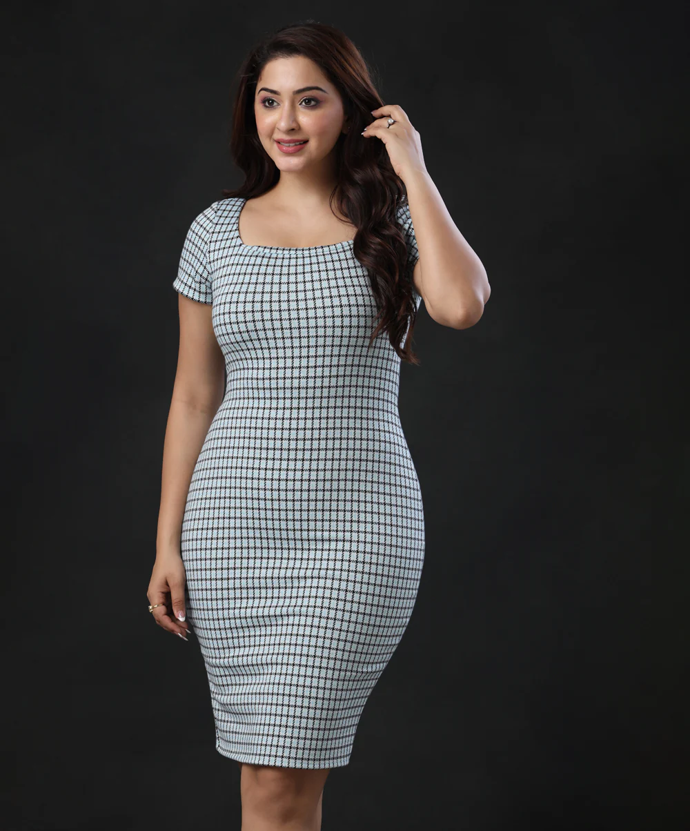 Square Neck Plaid Bodycon Dress