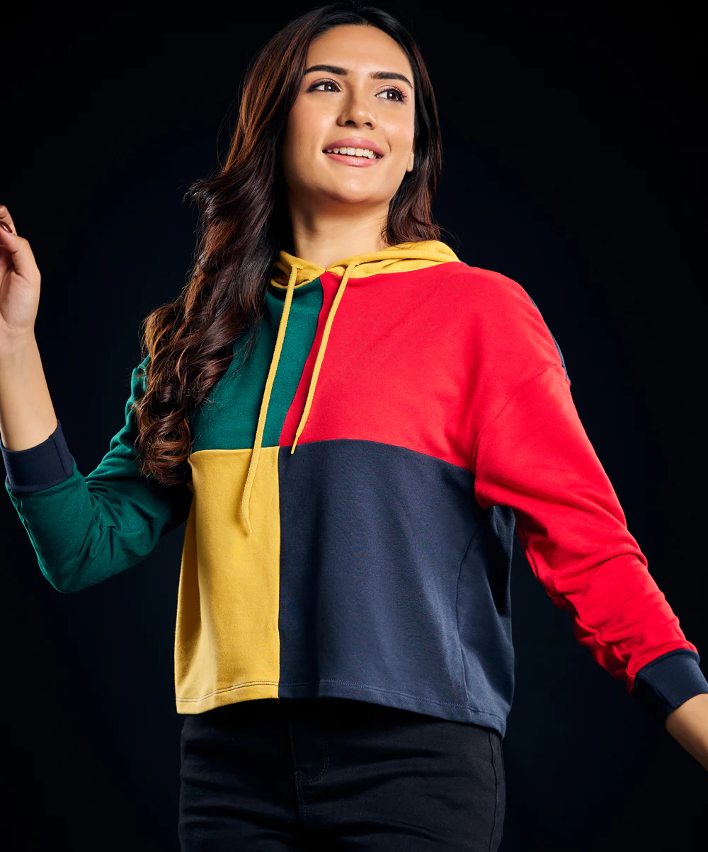Square Panel Contrast Long Sleeve Hoodie
