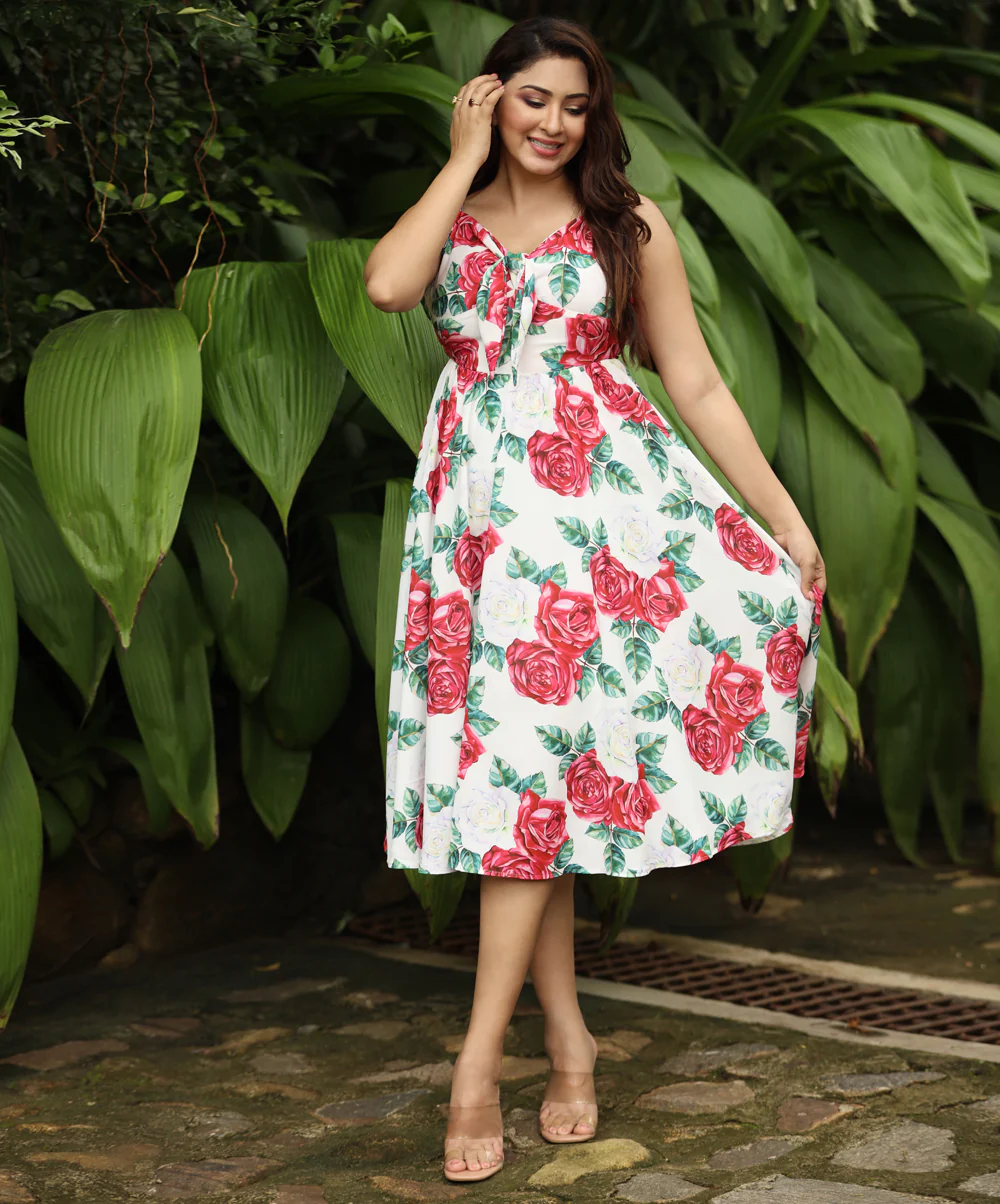 Strappy Printed Bodice Flared Midi Dress - Image 2
