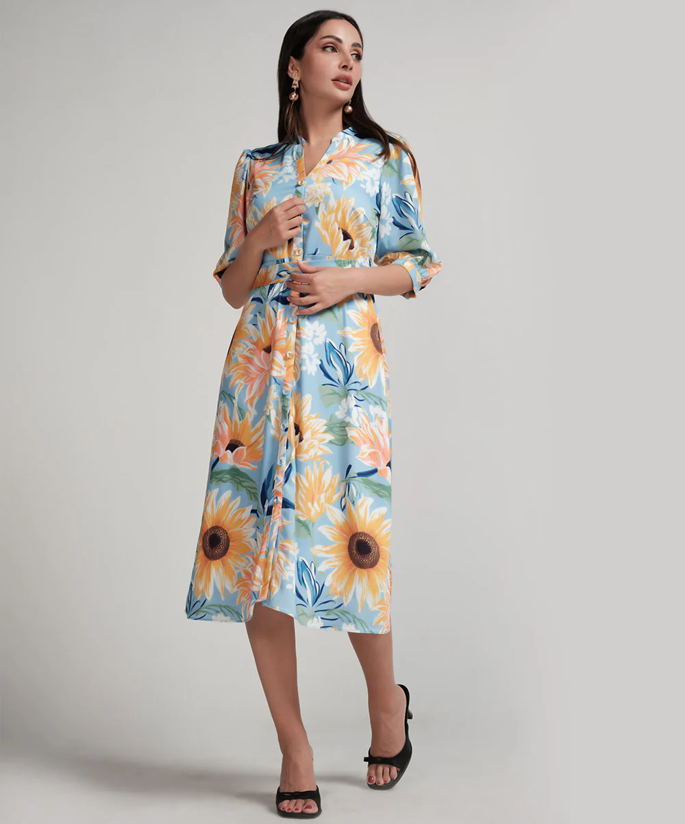 Sun Flower Printed Half Sleeve Aline Chiffon Dress - Image 2