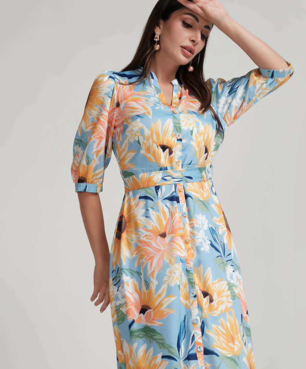 Sun Flower Printed Half Sleeve Aline Chiffon Dress - Image 4