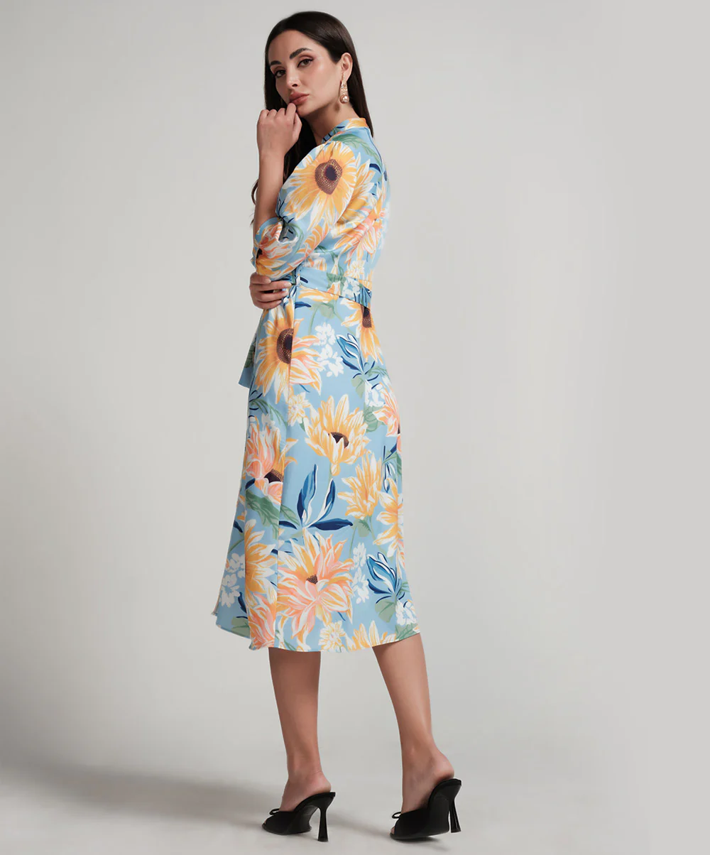 Sun Flower Printed Half Sleeve Aline Chiffon Dress - Image 5