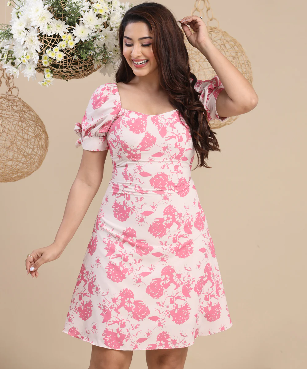 Sweetheart Neck Detailed Printed Mini Dress