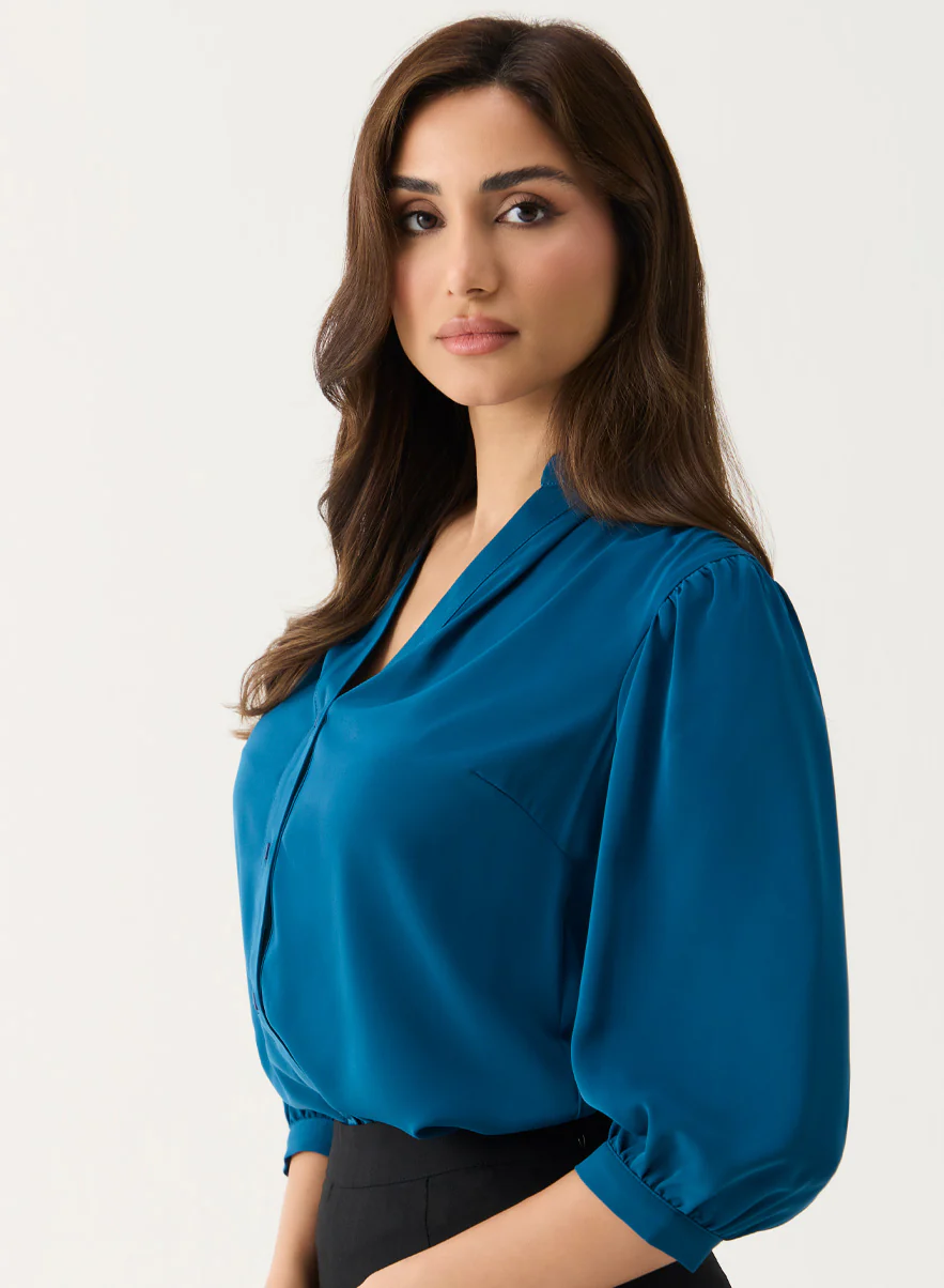 Teal-Blue Solid Chiffon Casual Top - Image 2