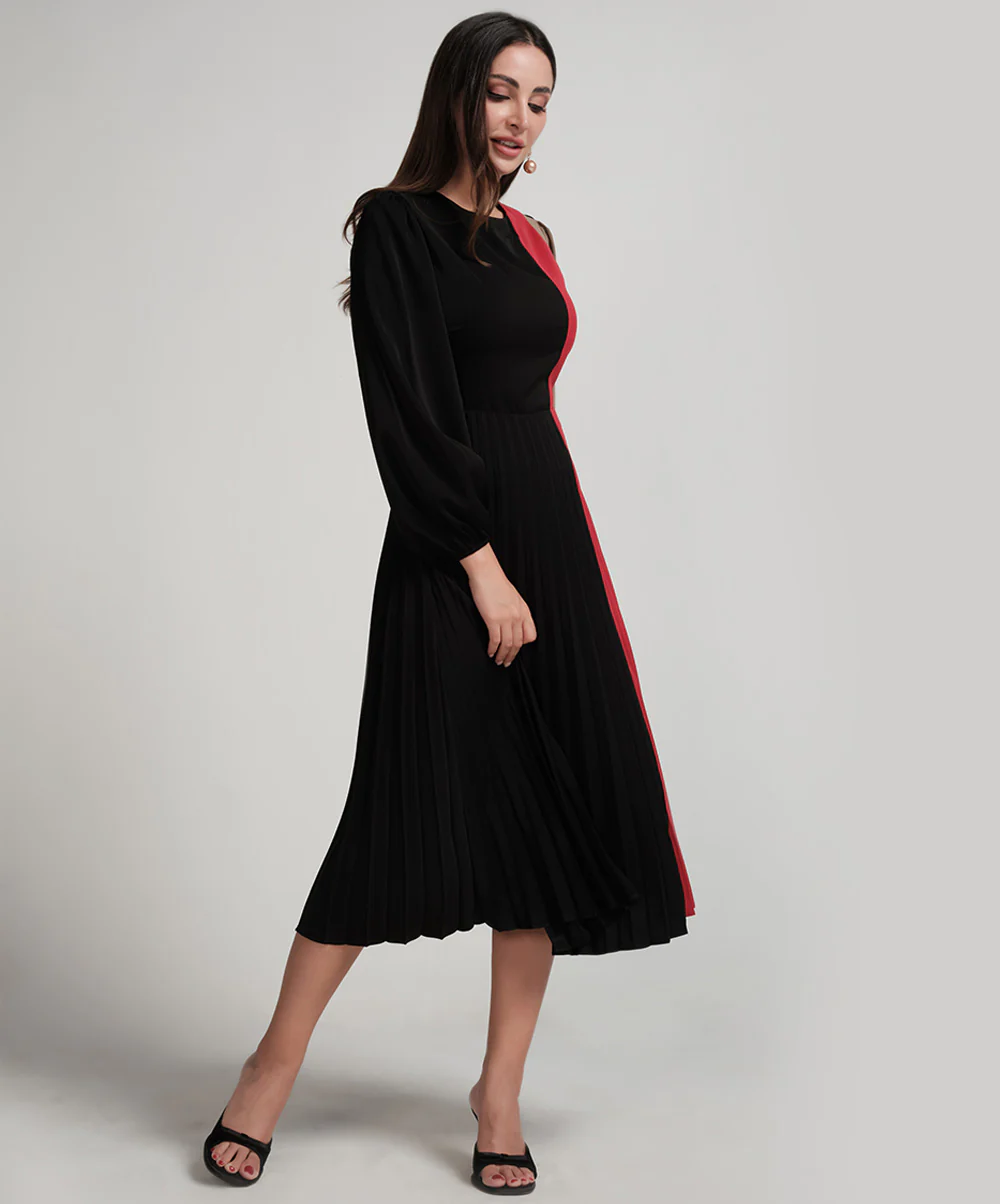 Three Coloured Pleated Solid Dress - Image 2