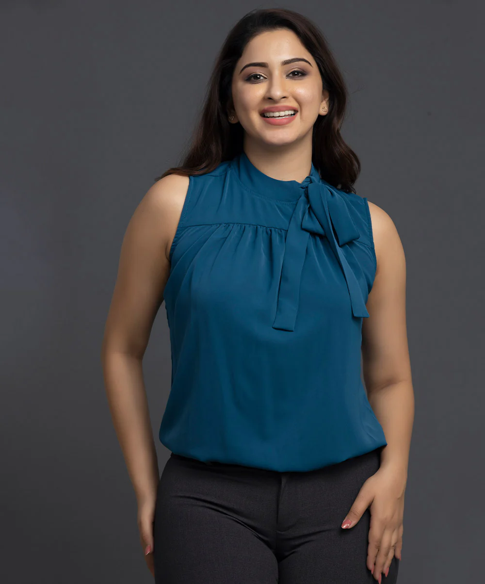 Tie Neck Sleeveless Blouse Teal - Image 2