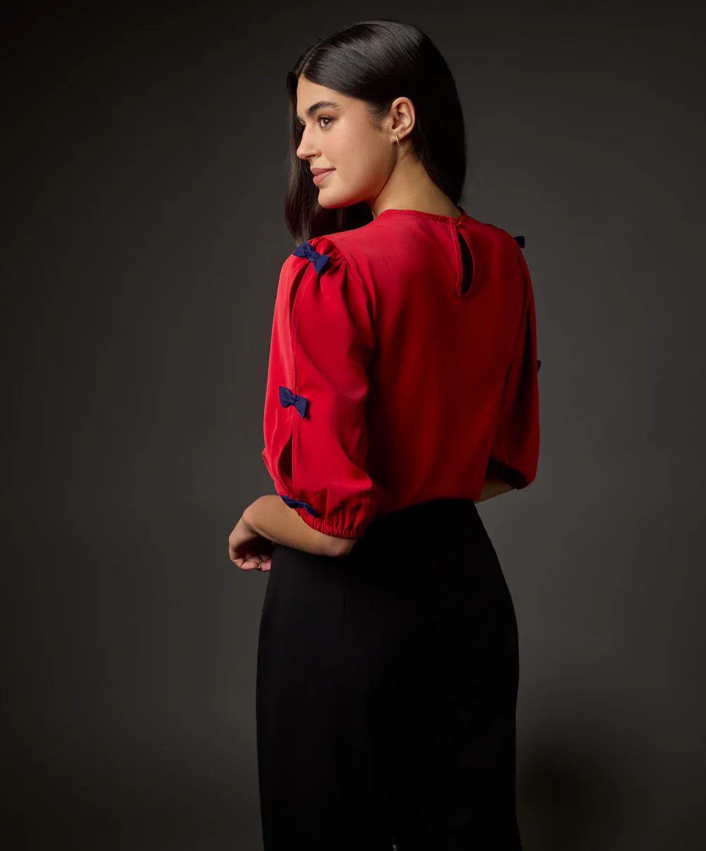 Tiny Bow Solid Chiffon Half Sleeve Top-Red - Image 3