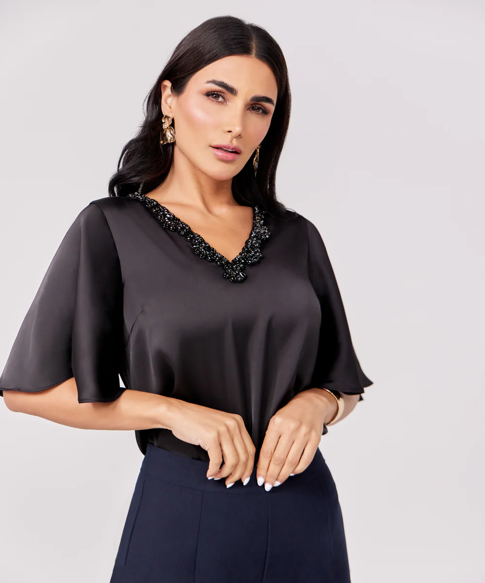 Trim Attached Long Sleeve Black Top - Image 2