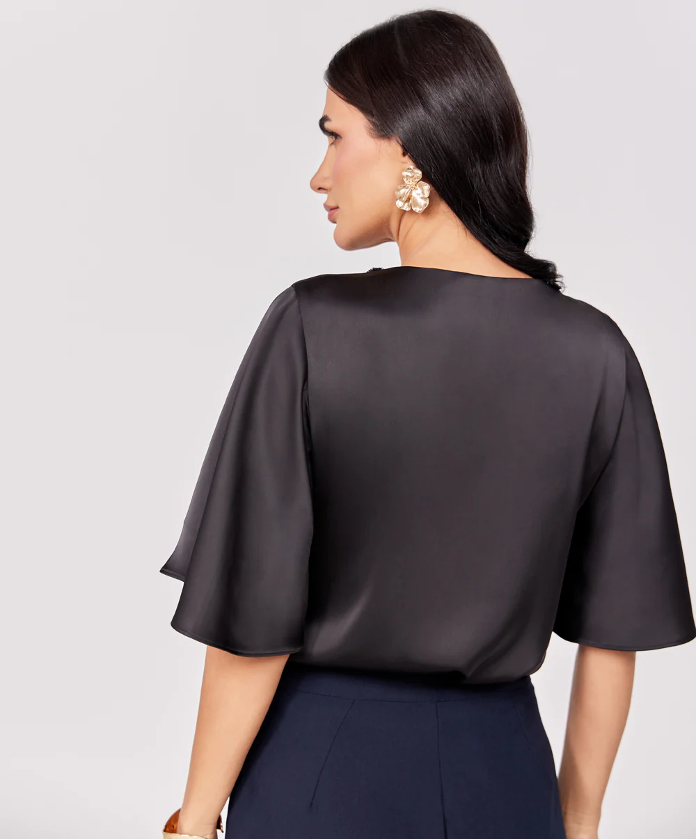 Trim Attached Long Sleeve Black Top - Image 5