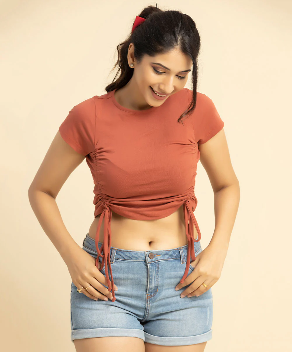 Brown Two Side Gathered Crop Tshirt - Image 2