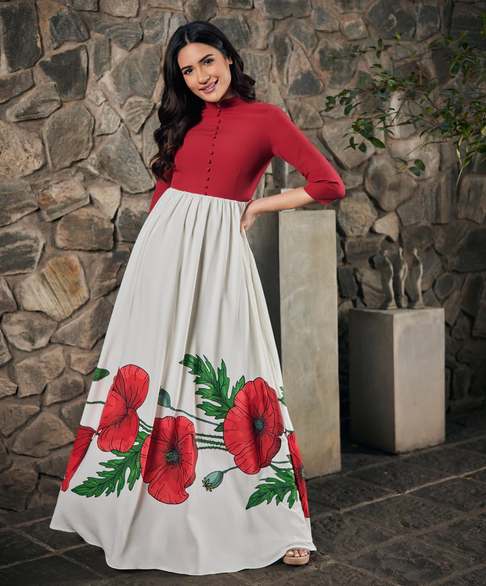 Two Tone Border Printed Maxi Dress