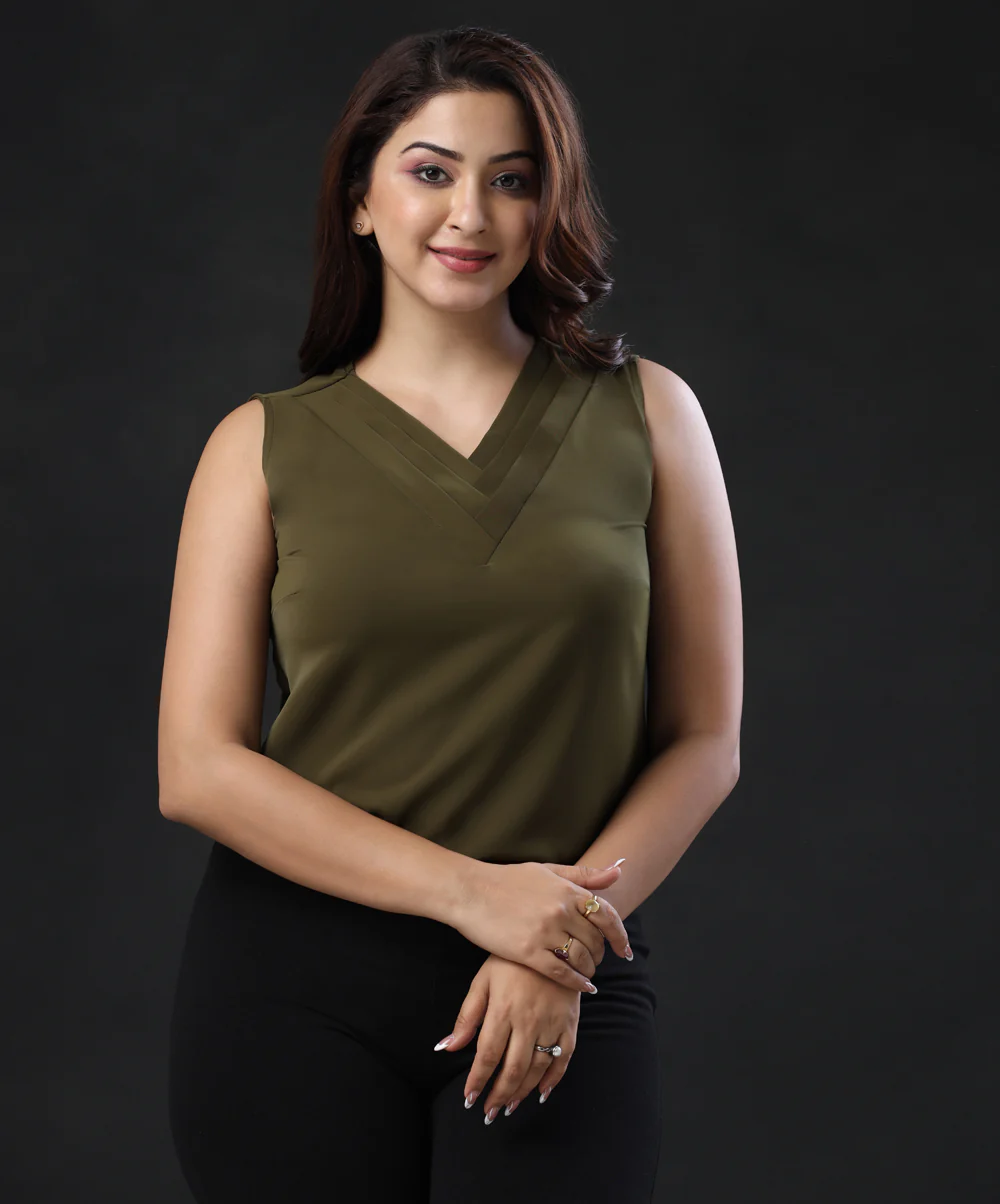 Unity Solid Vneck Sleeveless Green Blouse