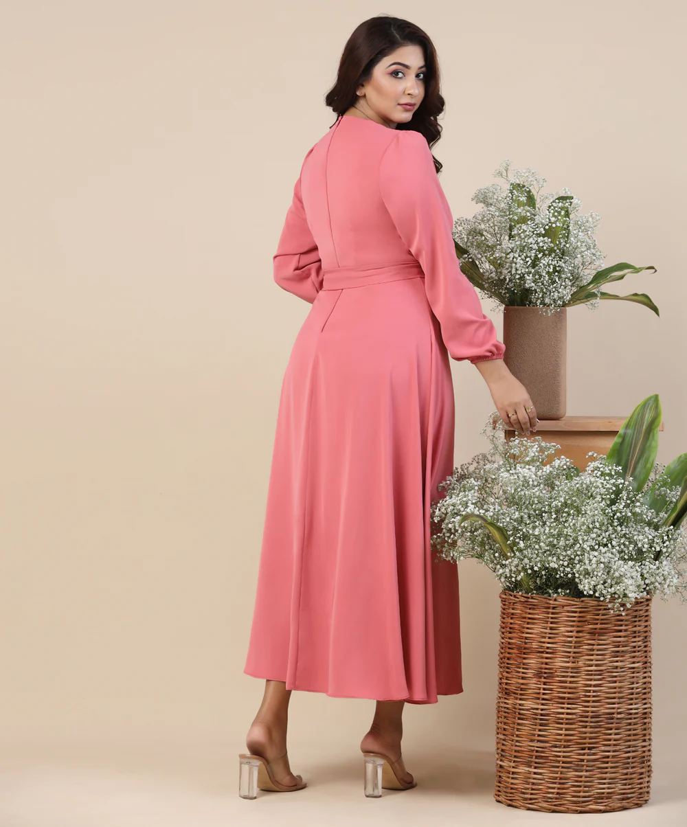 Vneck Chiffon Solid Pink Dress - Image 2