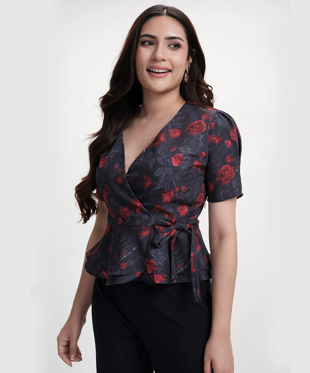 Vneck Half Sleeve Printed Black Peplum Top - Image 2