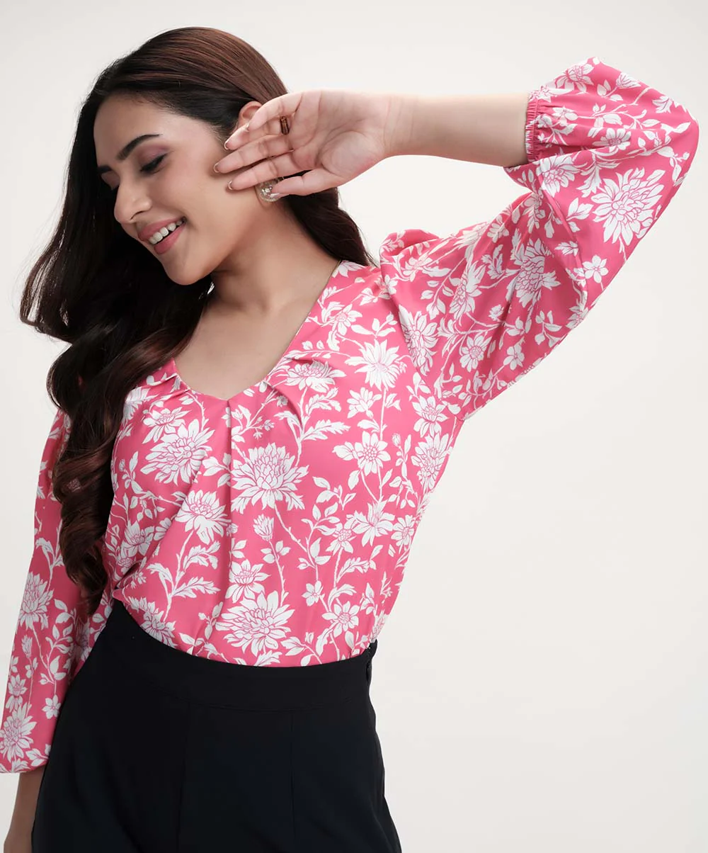 Vneck Printed Long Sleeve Pink Top - Image 2