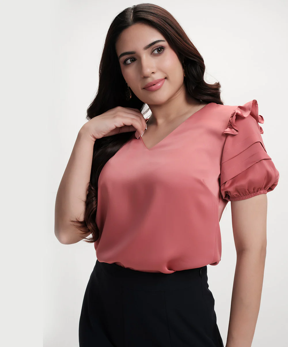 Vneck Sleeve Detailed Satin Pink Top - Image 2