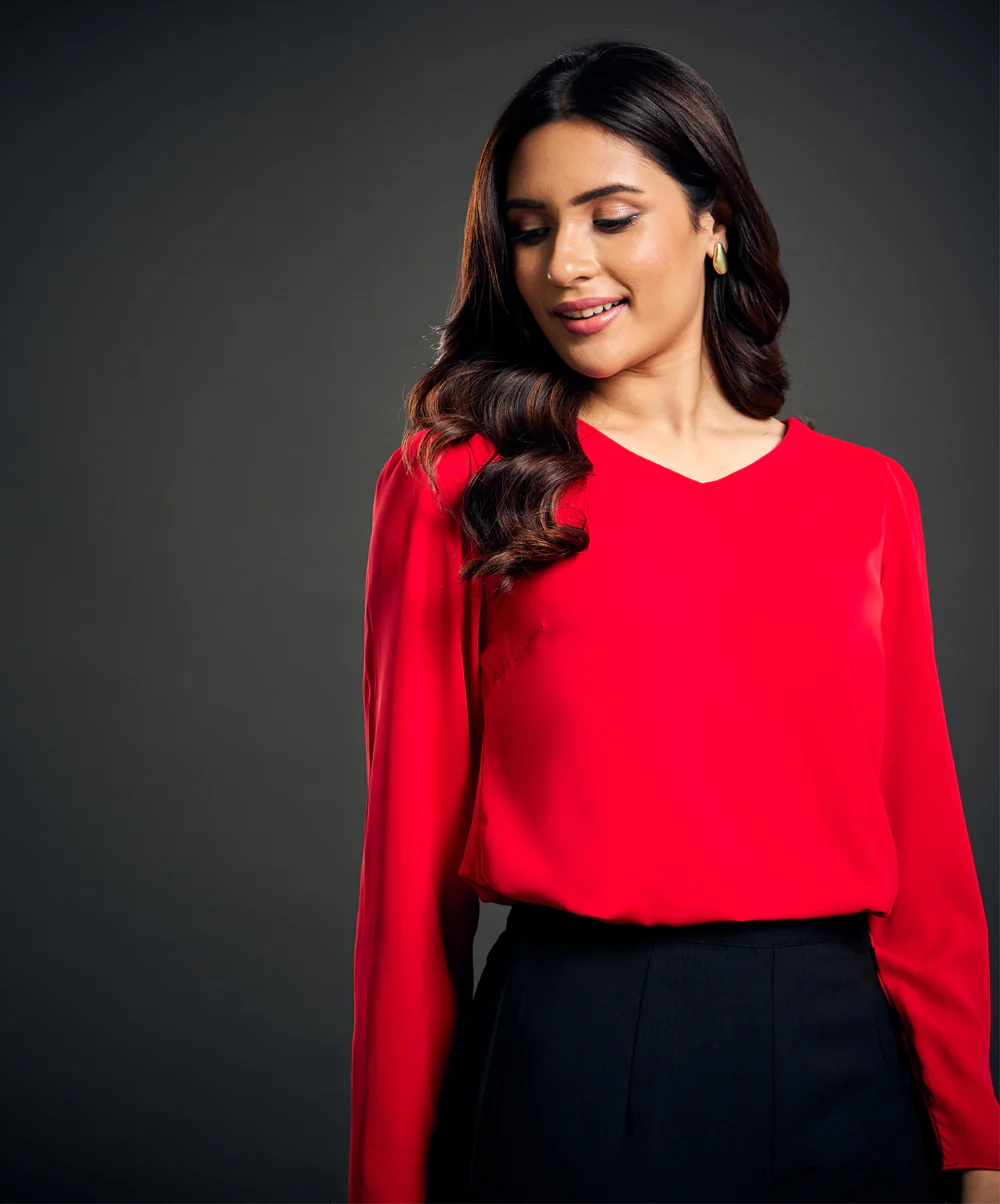 Vneck Detailed Chiffon Red Top - Image 2