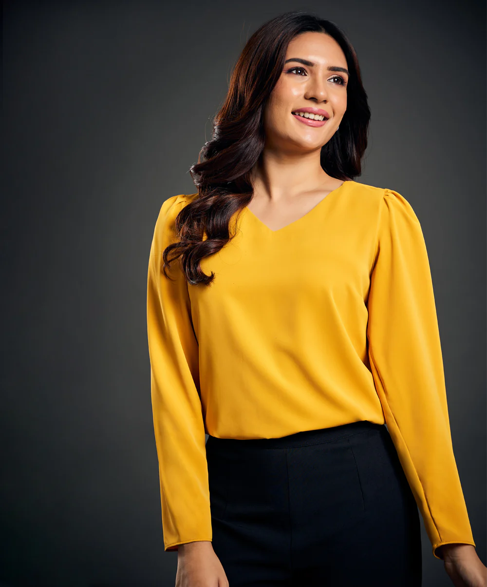 Vneck Detailed Chiffon Yellow Top - Image 3