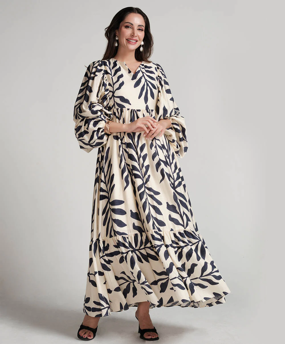 Vneck Elasticated Sleeve Loose Fitted Printed Dress-Blue Print