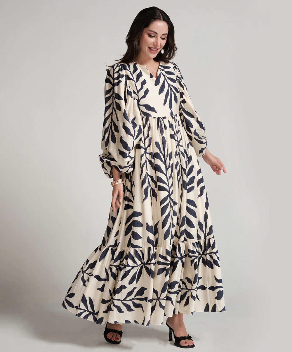 Vneck Elasticated Sleeve Loose Fitted Printed Dress-Blue Print - Image 2
