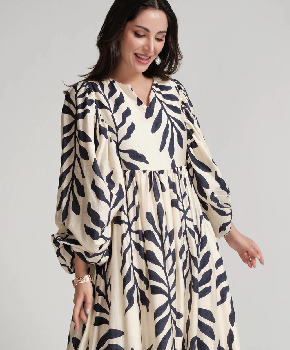 Vneck Elasticated Sleeve Loose Fitted Printed Dress-Blue Print - Image 4