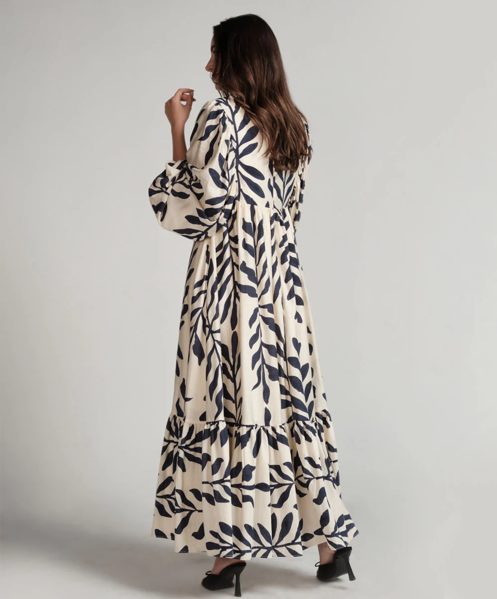 Vneck Elasticated Sleeve Loose Fitted Printed Dress-Blue Print - Image 6