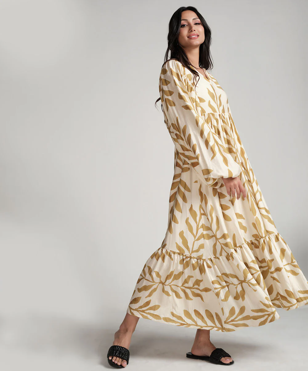 Vneck Elasticated Sleeve Loose Fitted Printed Dress-Yellow - Image 3