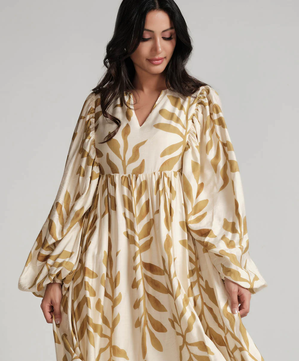 Vneck Elasticated Sleeve Loose Fitted Printed Dress-Yellow - Image 4