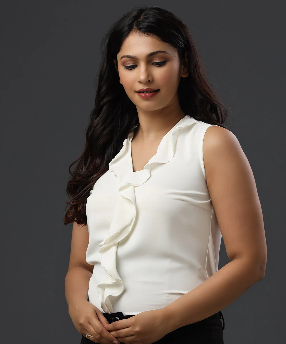 Vneck Frilled Chiffon Sleeveless White Top