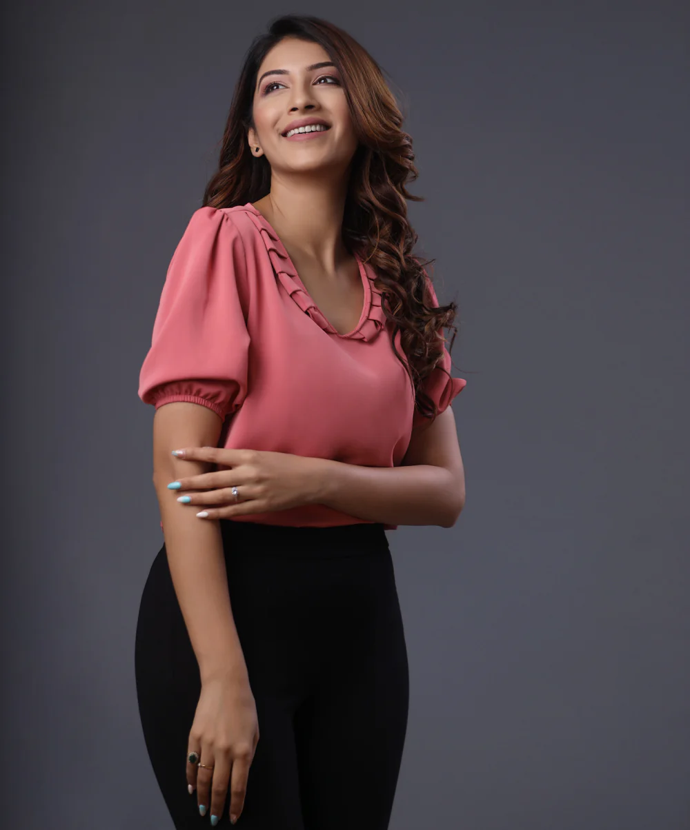 Vneck Frilled Half Sleeve Pink Top