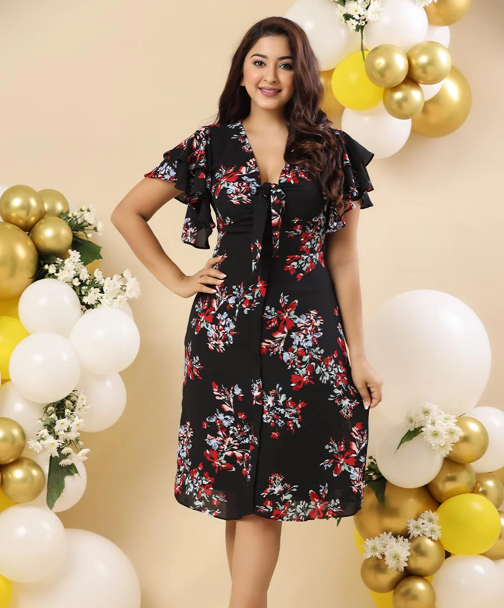 Vneck Front Bow Printed Chiffon Dress