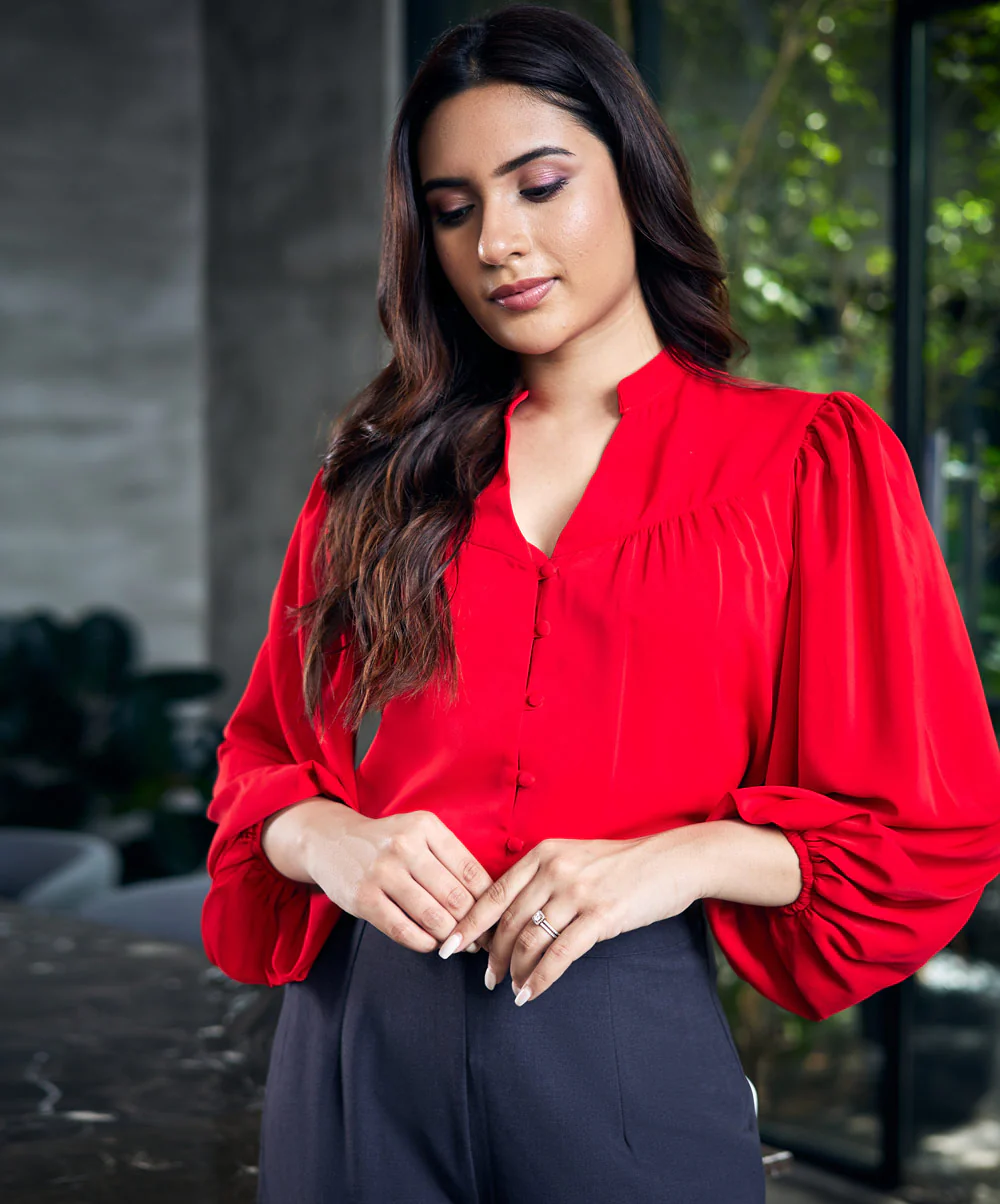 Vneck Front Buttoned Ballooned Sleeve Top - Image 2