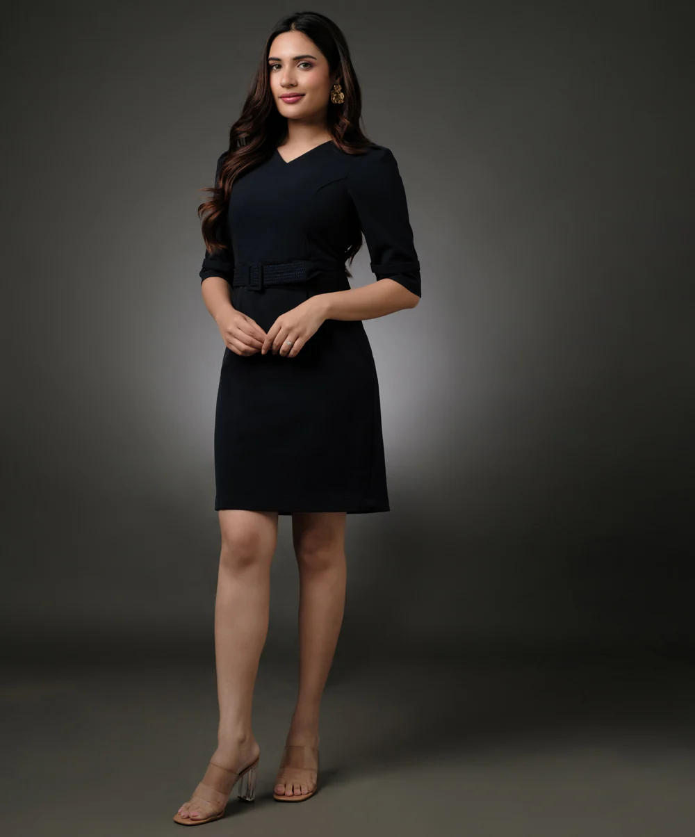 Vneck Half Sleeve Bodycon Blue Dress - Image 2